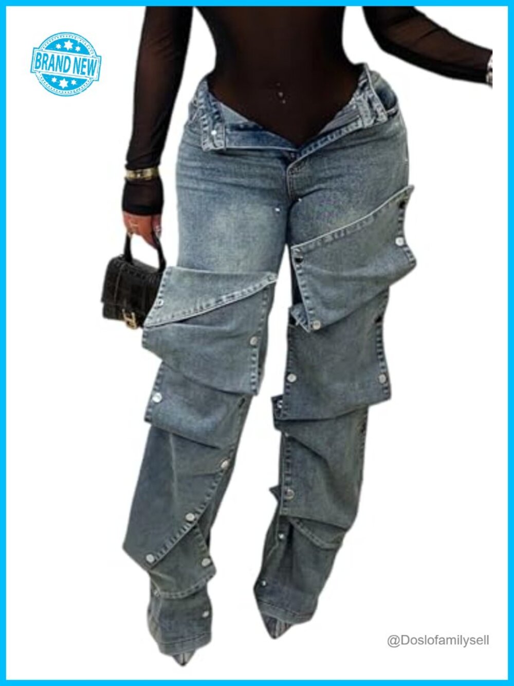 High Waisted Cargo Jeans Straight Wide Leg Baggy Detachable Patchwork